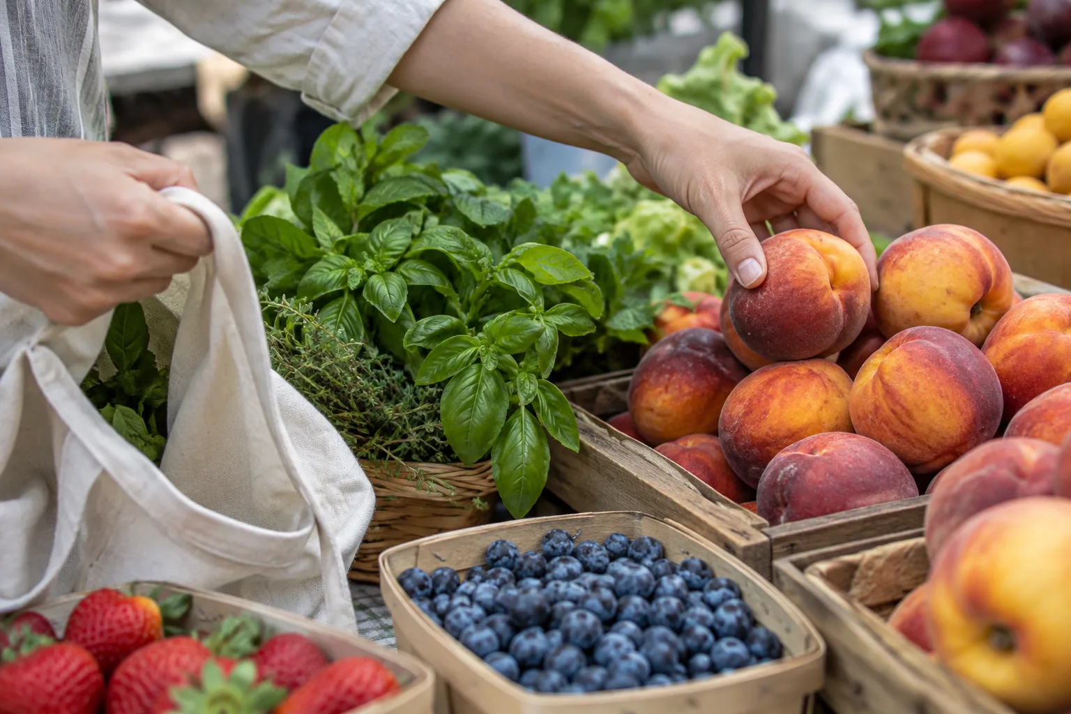 Une main choisit des fruits mûrs et des herbes fraîches sur un étal de marché.