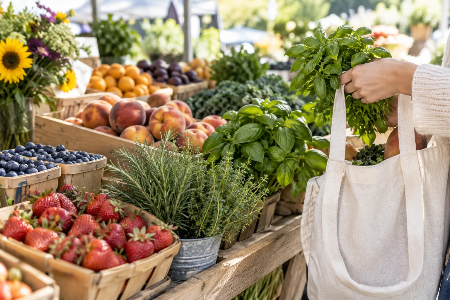 Des fruits de saison et des herbes fraîches présentés sur un étal de marché.